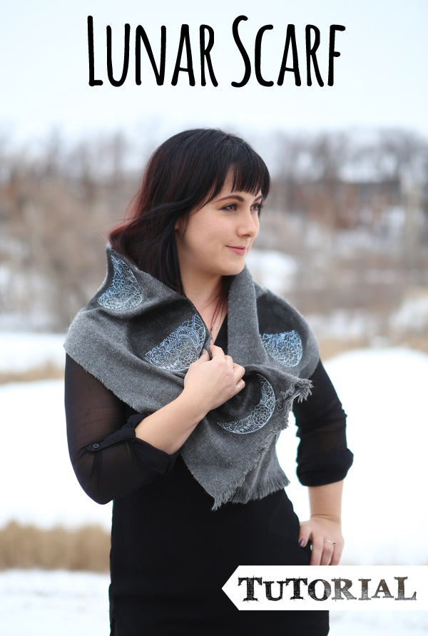 Lunar Scarf tutorial - model wearing Lunar Scarf, featuring Luna embroidery designs