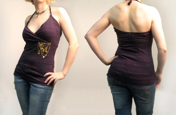 Model sporting Upcycled Halter Top, featuring Draping Decadence design