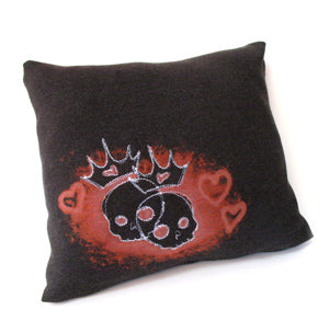 Completed Bleached Pillow project, featuring Queen of Hearts design