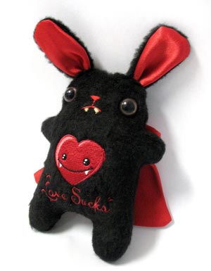 Completed Vampire Bunny Plushie project, featuring 'Love Sucks' design