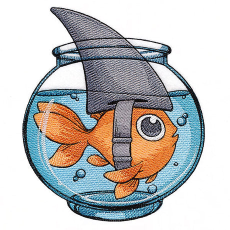 machine embroidery design of a goldfish wearing a shark fin