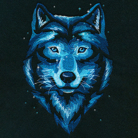 Wolf in night sky machine embroidery design