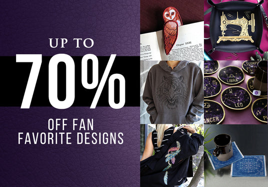 Promo graphic with bold text “Up to 70% Off Fan Favorite Designs” alongside embroidered projects including an owl bookmark, sewing machine tray, zodiac constellations coasters, tiger hoodie, embroidered jacket, and coasters.