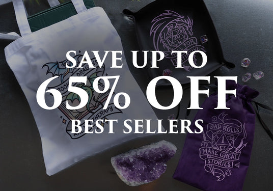 machine embroidered dragon on white tote, dragon on black dice tray, and bad rolls on purple drawstring bag with text "save up to 65% off best sellers"
