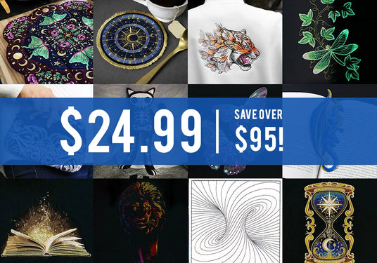 Collage of various machine embroidered designs with a promotional banner with text: $24.99 - save over $95