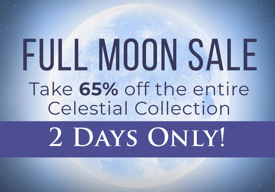 Promotional banner with text 'Full Moon Sale Take 65% off the entire celestial collection 2 days only!' with a full moon in the background