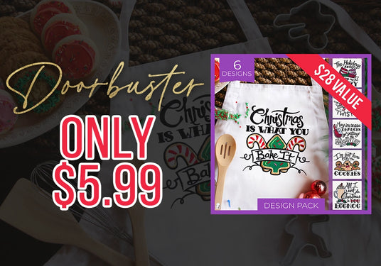 Design pack with machine embroidery sassy Christmas-themed designs and promotional text 'doorbuster only $5.99' on a blurred background