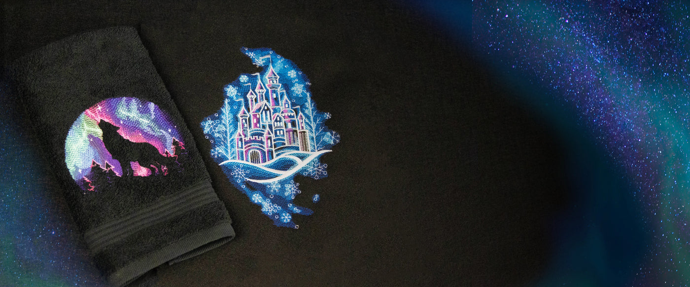 Machine embroidery embossed moon and wolf black towel and ice castle on black fabric.