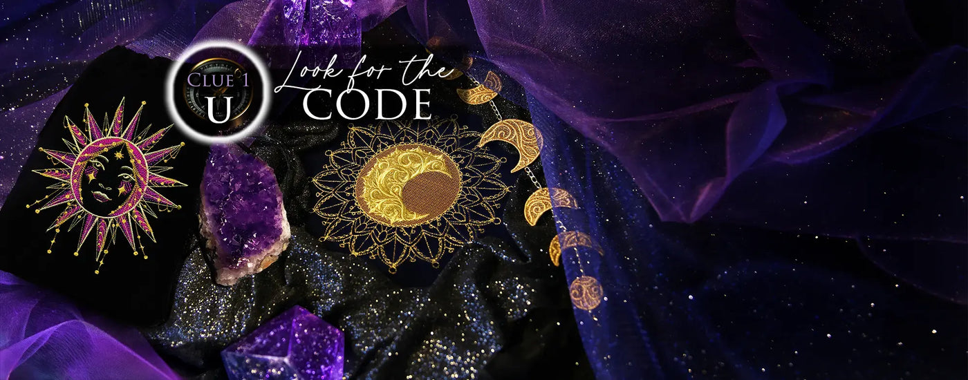 Decorative banner with machine embroidered celestial designs, crystals, and 'Look for the Code' text on a dark background.