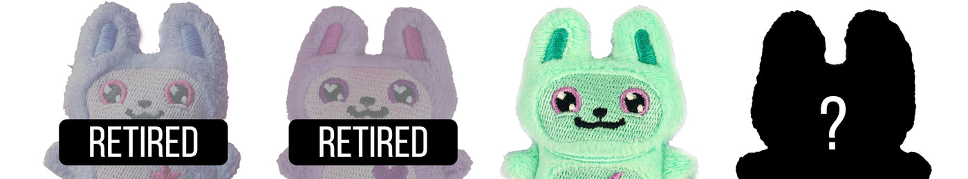 Four machine embroidery bunny plushies with labels indicating 'Retired' and '?'.