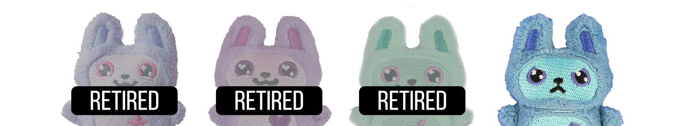 Four machine embroidery bunny plushies with the word "retired" over three of them