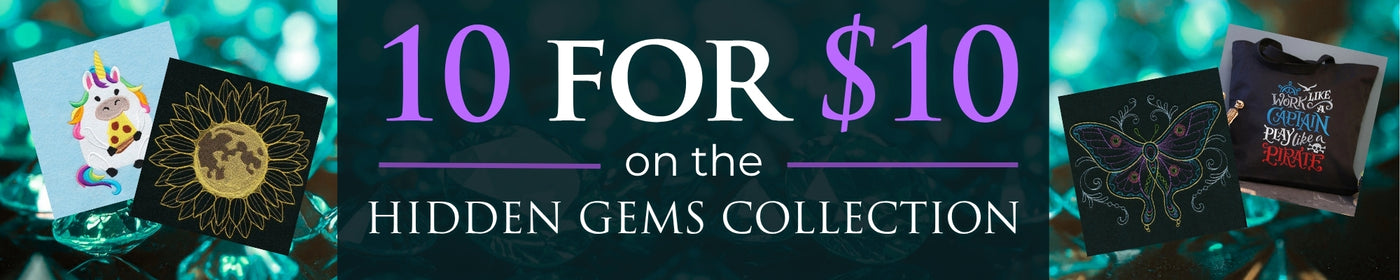 Promotional banner for a '10 FOR $10 on the HIDDEN GEMS COLLECTION' offer, featuring a central purple and white text block over a dark background with glowing teal bokeh, flanked by small previews of colorful art prints or cards on both sides.