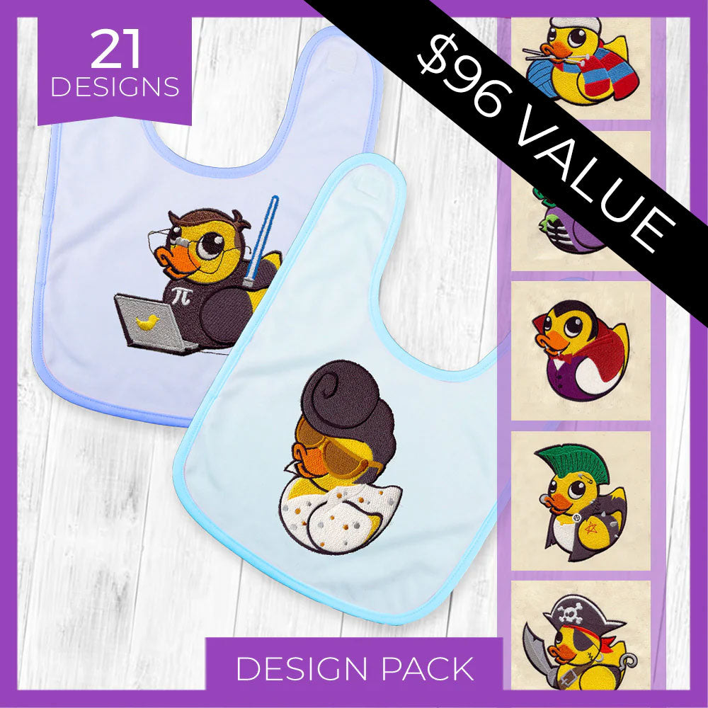 Daring Duckies digitally downloadable machine embroidery Design Pack with two duck bib patterns and five duck motifs shown.