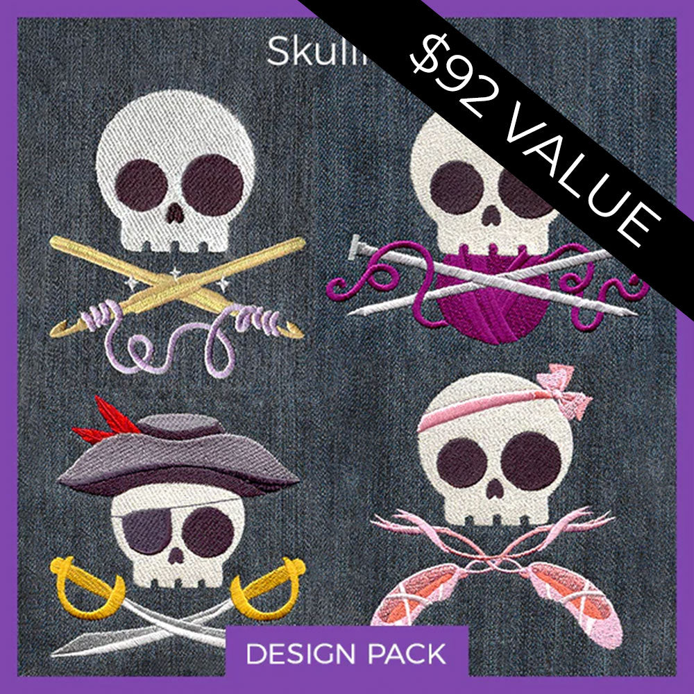 Four skull embroidery designs, each detailed with needles, swords, or feathers on dark fabric. Design Pack shown.