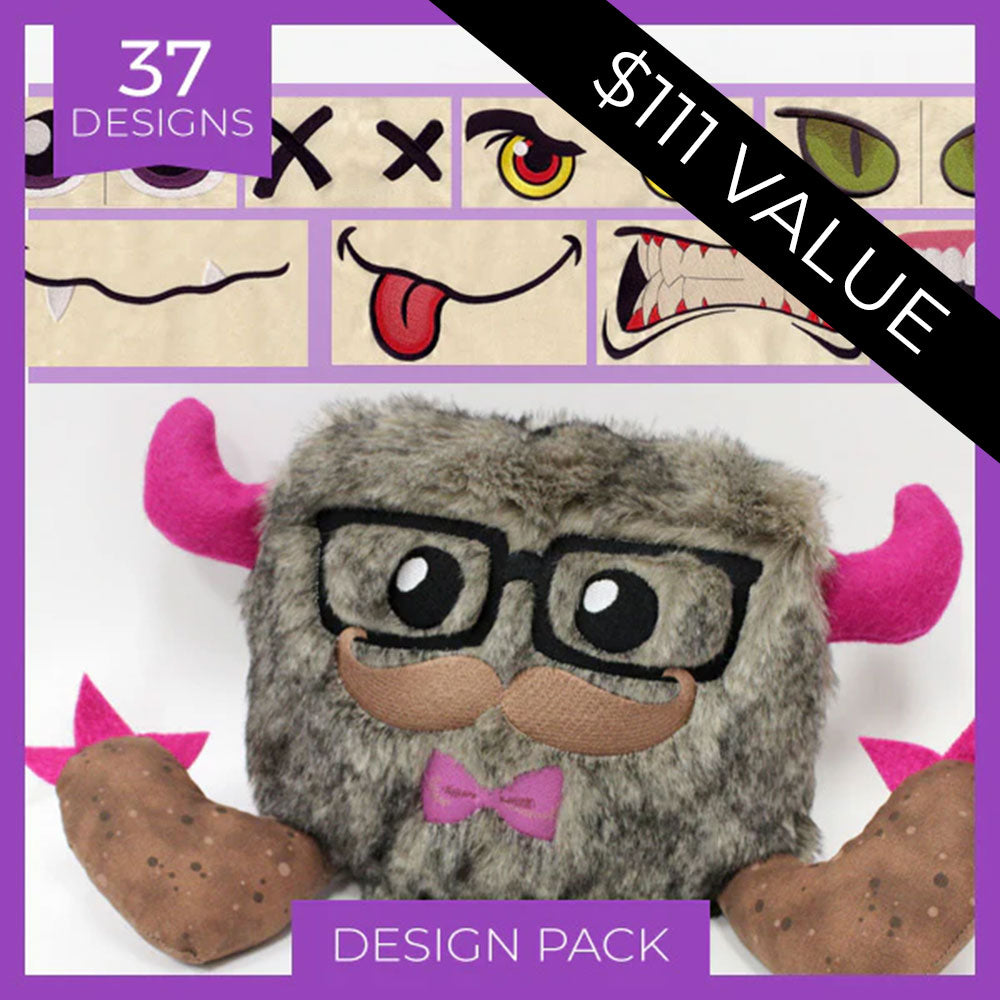 Digitally downloadable machine embroidery Design Pack featuring glasses, mustache, pink horns, bowtie, and mixable features.