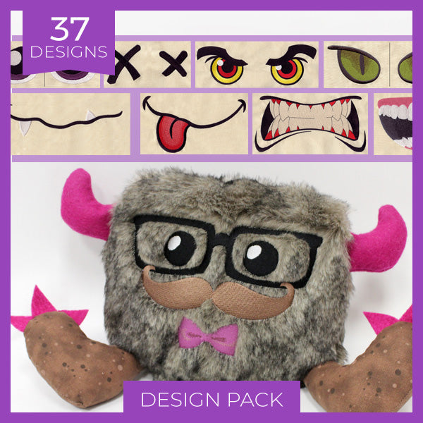 Digitally downloadable machine embroidery Design Pack with plush monster faces, glasses, mustaches, and bowties shown.