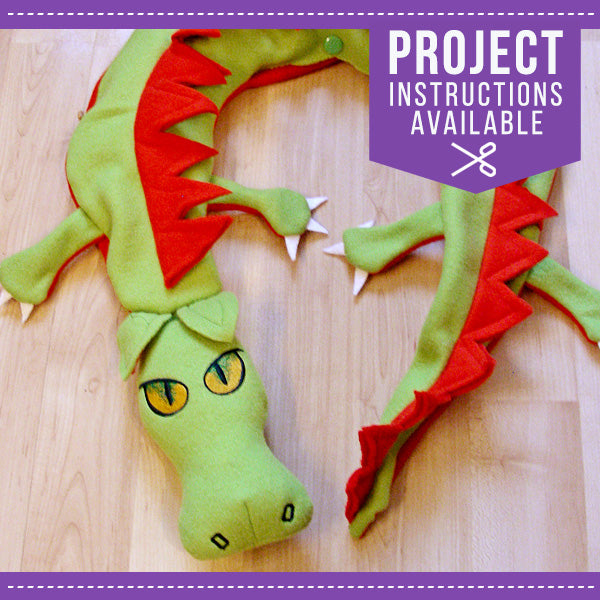 Digitally downloadable machine embroidery Design Pack: green and red plush dragon and step-by-step project images shown.