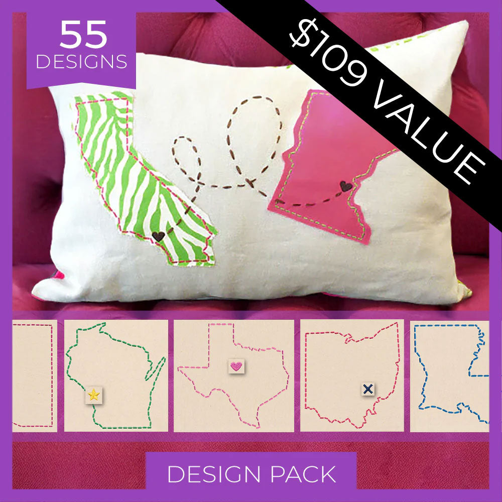 White pillow featuring an embroidered US state outline and heart in contrasting threads, shown on a pink chair.