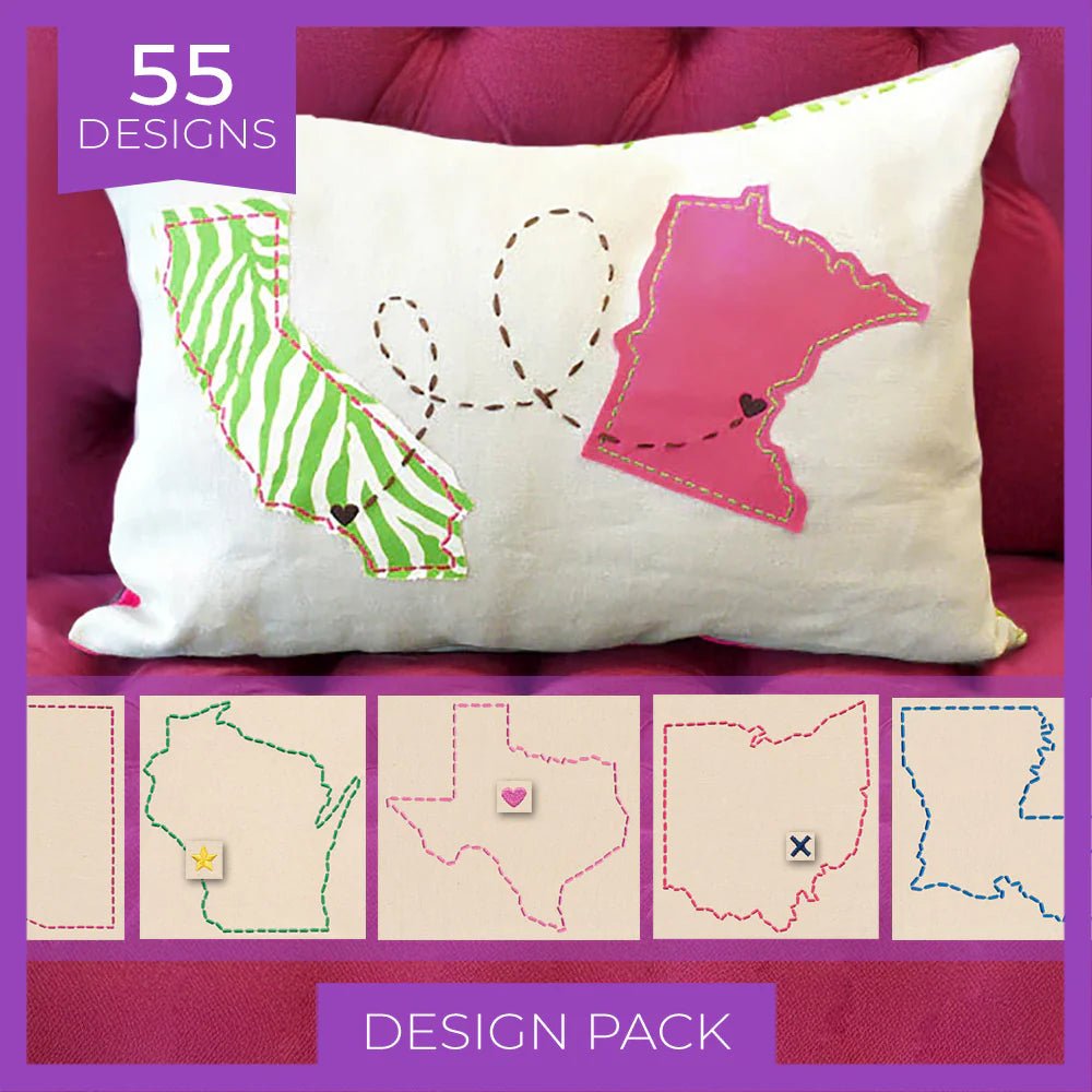White pillow showing embroidered outline of a US state with a heart stitched inside; finished project is clearly visible.
