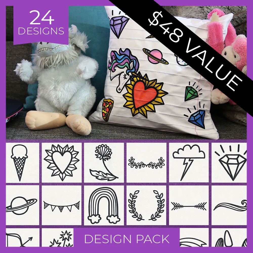 Tattoo-inspired black line art embroidery designs with playful motifs, shown as a digitally downloadable Design Pack.