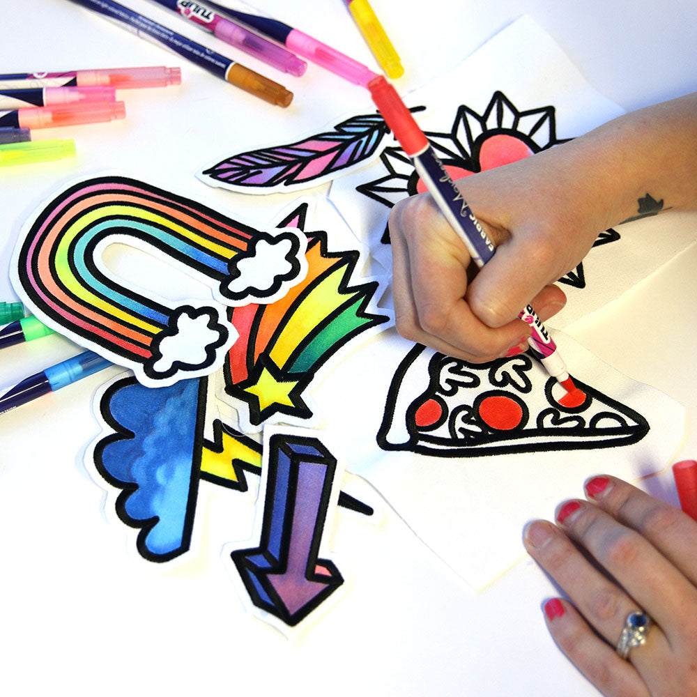 Pizza-themed embroidery design with detailed slices, accented by rainbow shapes and feathers; digital download.