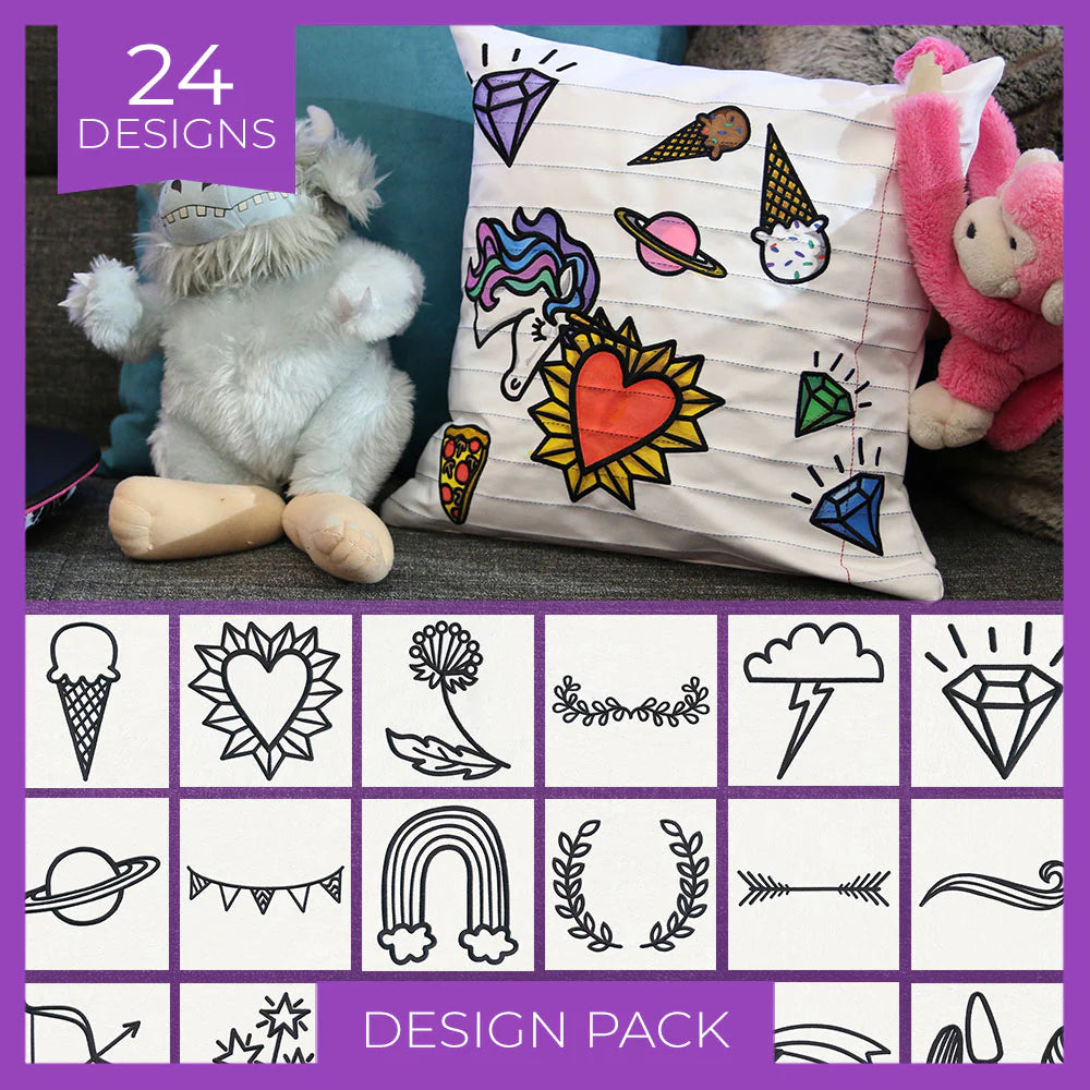 Daydream Doodles digitally downloadable machine embroidery Design Pack with playful doodles and 24 design icons in a grid.