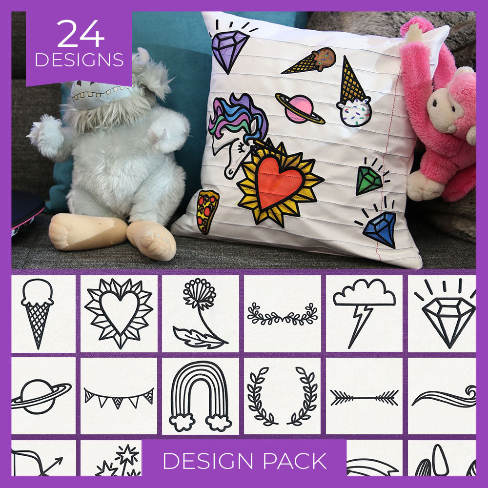 Digitally downloadable machine embroidery Design Pack: playful doodle-style patches, pillow, and two plush toys shown.