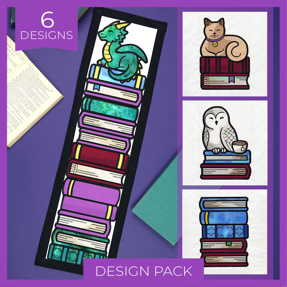 Digitally downloadable machine embroidery Design Pack featuring a dragon, cat, owl, and books as appliqué bookmarks.