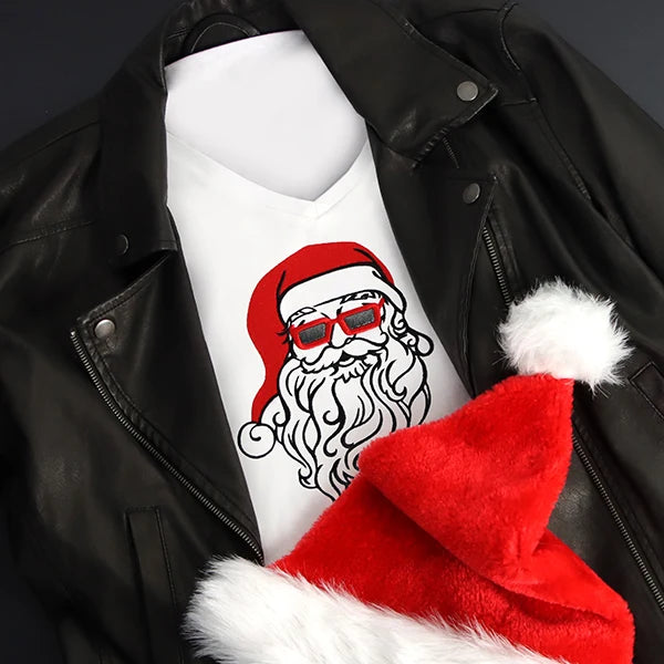 White V-neck shirt with a black and red embroidered design of Santa wearing a red hat and sunglasses, displayed under a black leather jacket with a red and white Santa hat.