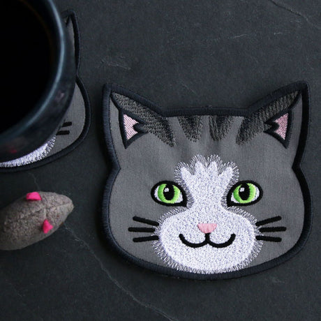 Cat Face Coasters - Gray Tabby (In-the-Hoop)