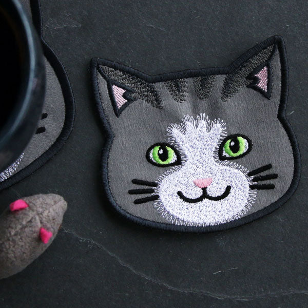 Cat Face Coasters - Gray Tabby (In-the-Hoop)