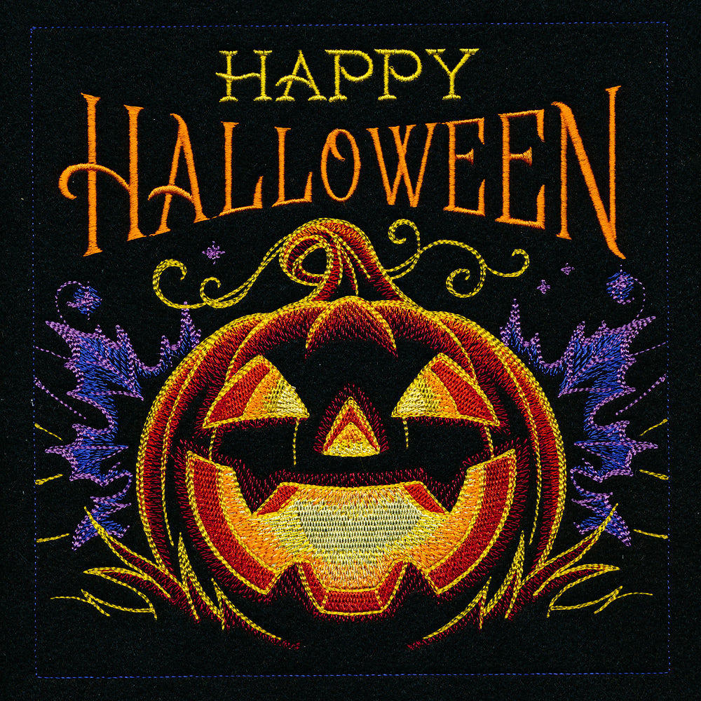 Embroidered jack-o-lantern, bats, and Happy Halloween text in a digitally downloadable machine embroidery design.