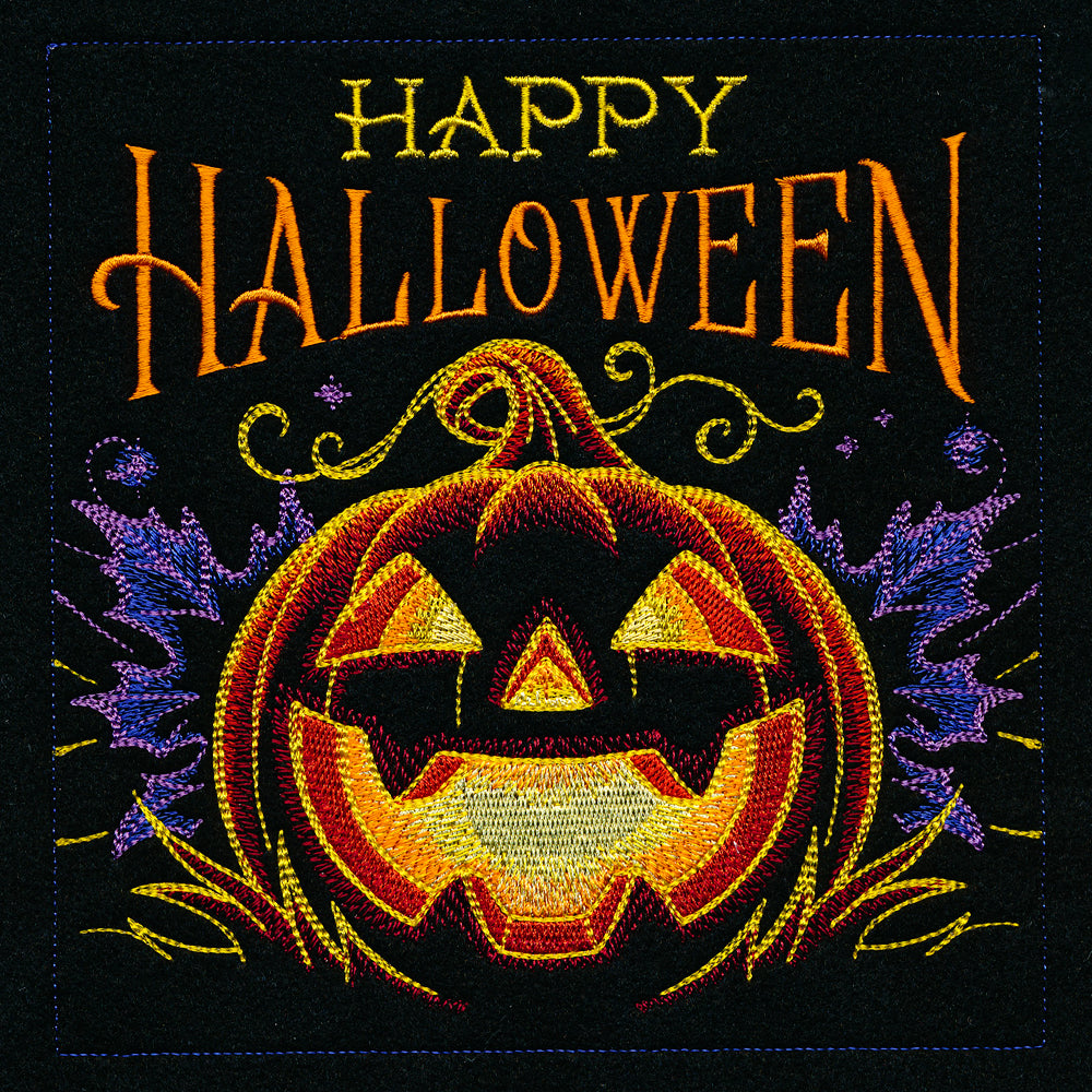 Embroidered Jack o Lantern, swirling accents, and Happy Halloween text in a digitally downloadable embroidery design.