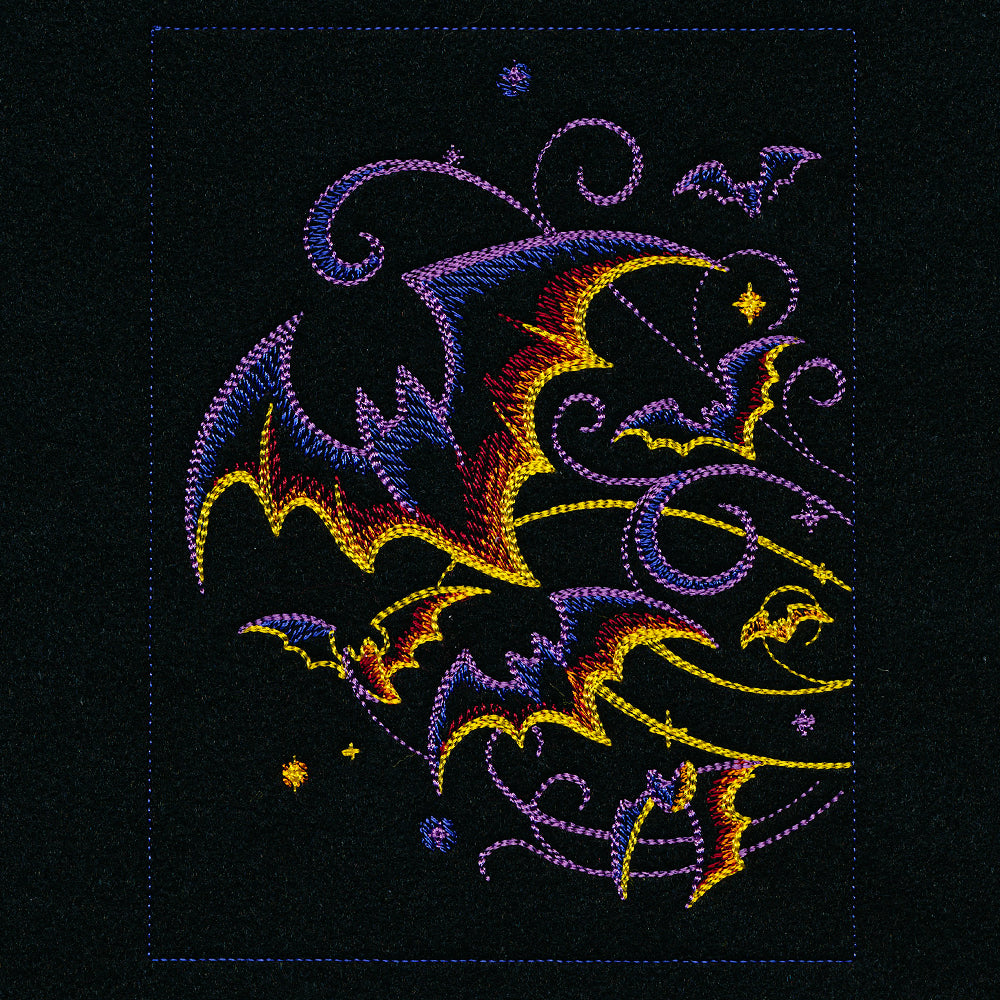 Embroidered design features bats, stars, and swirls surrounding a jack-o’-lantern for machine embroidery download.