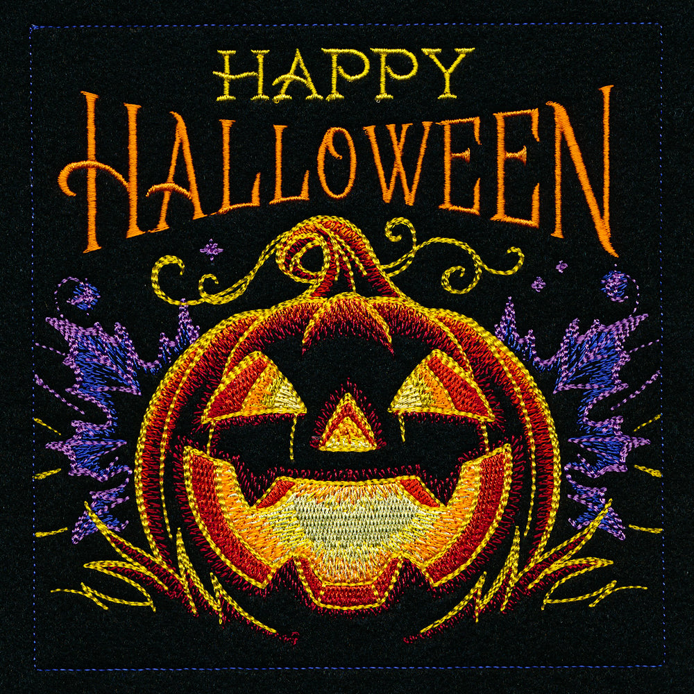 Embroidered Jack o Lantern faces with spooky expressions, shown as a digitally downloadable machine embroidery design.