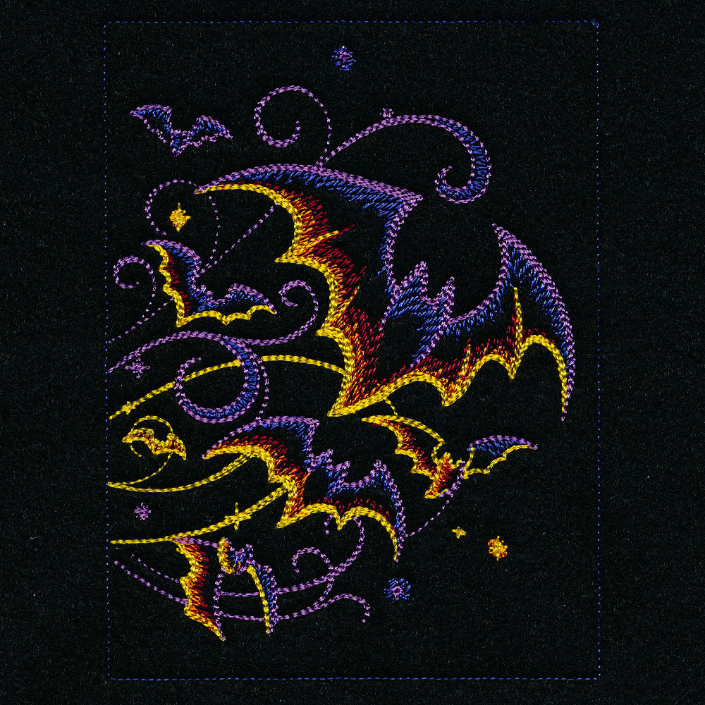 Digitally downloadable machine embroidery design of a Jack o Lantern with stitched bats and swirling lines around it.
