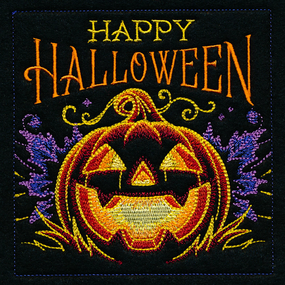 Digitally downloadable machine embroidery design featuring a spooky Jack o Lantern stitched in orange and black threads.
