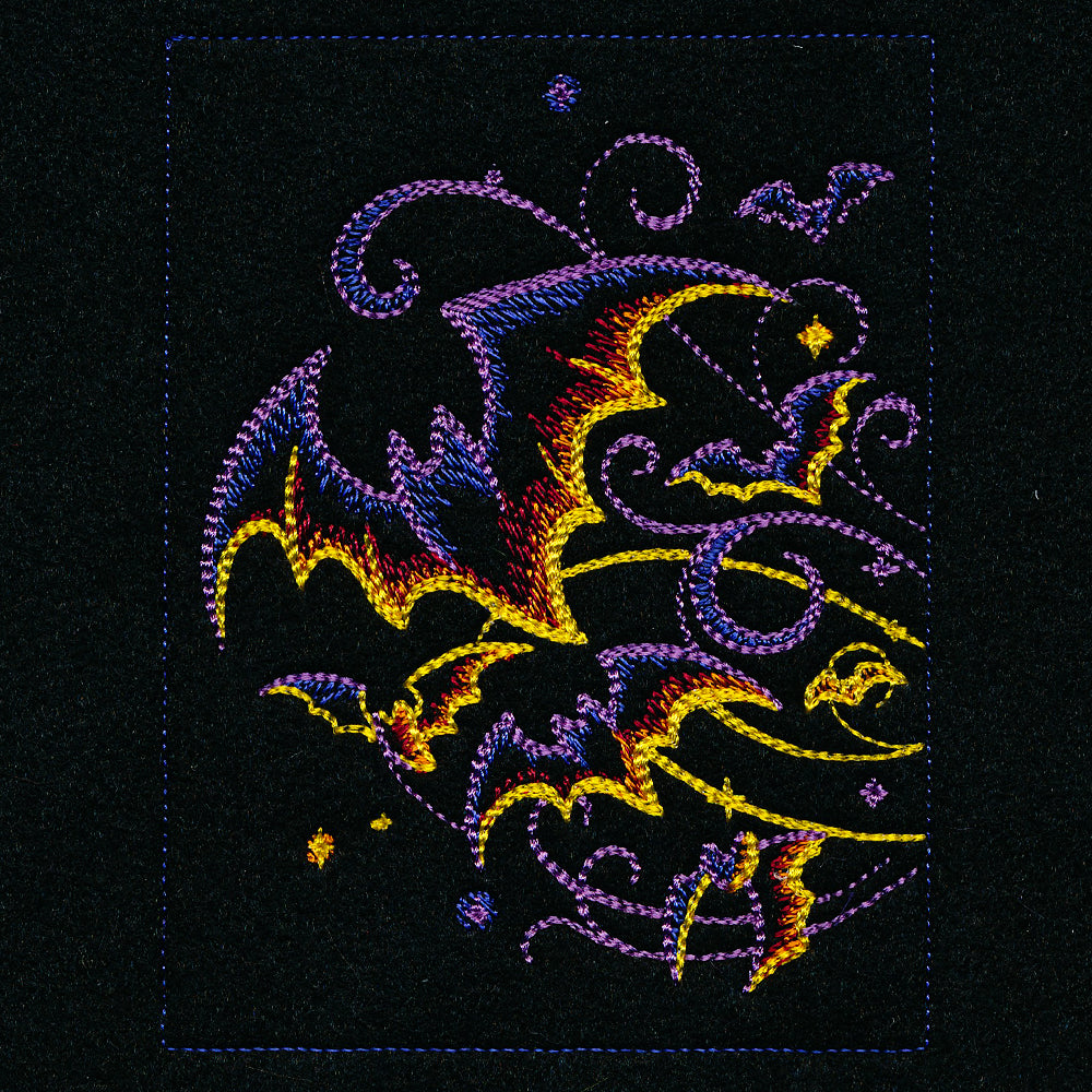 Embroidered jack-o-lanterns with spooky faces and Halloween motifs as a digitally downloadable machine embroidery design.