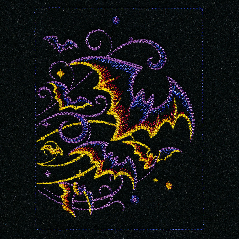 Embroidered bats and colorful swirls on the Spooky Jack o Lantern Build-a-Scene digital design.