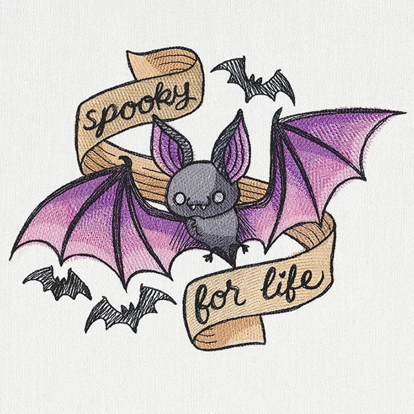 Digitally downloadable machine embroidery design featuring a bat with purple wings, stitched in a cute style.