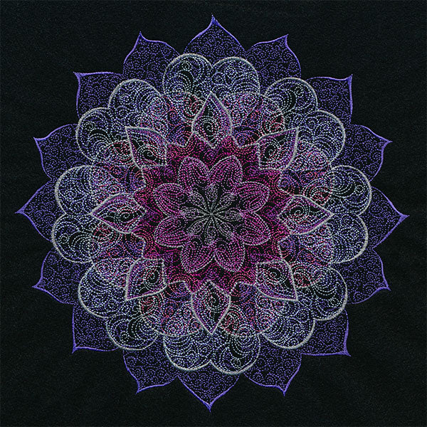 Layered floral mandala with sheer purple, pink, and white stitched lines on black; digitally downloadable embroidery design.