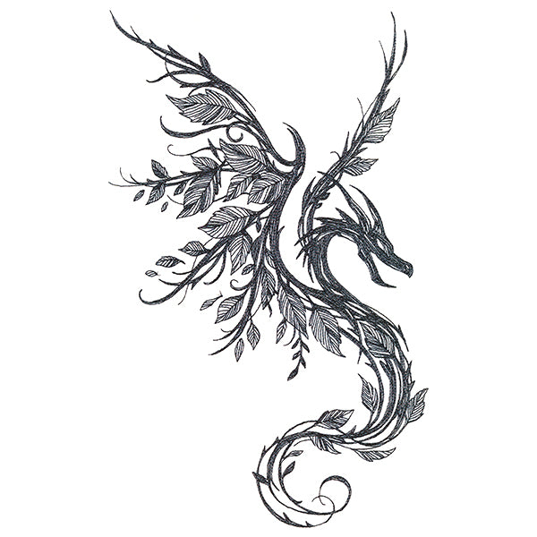 Line art embroidery design of a dragon made from branching vines and leaves, shown as a digitally downloadable design.