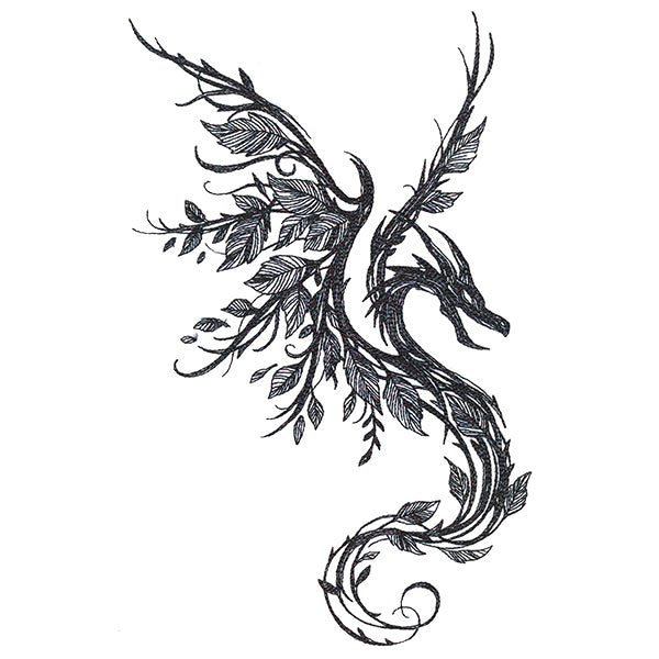 Black dragon embroidery design with intertwined branches; digitally downloadable machine embroidery design.