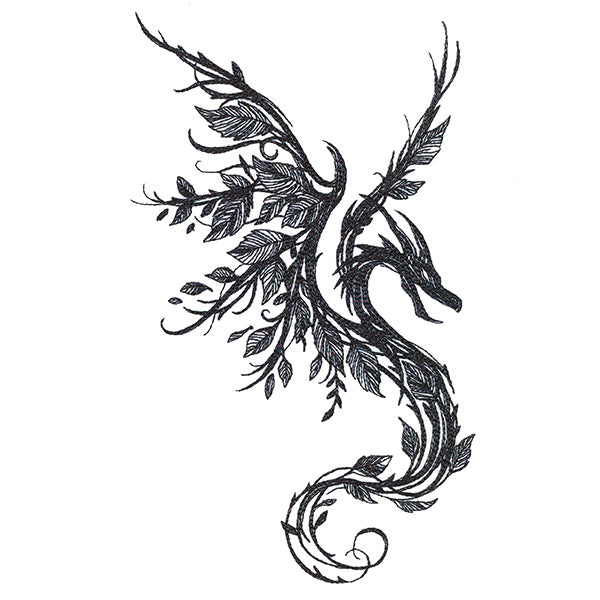 Black tribal dragon embroidery with leafy branch accents, shown as a digitally downloadable machine embroidery design.