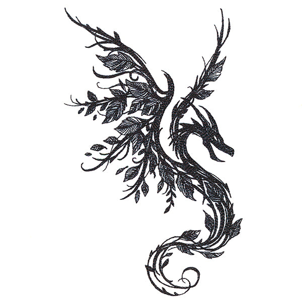 Embroidered dragon with branching limbs and sharp features, shown as a digitally downloadable machine embroidery design.