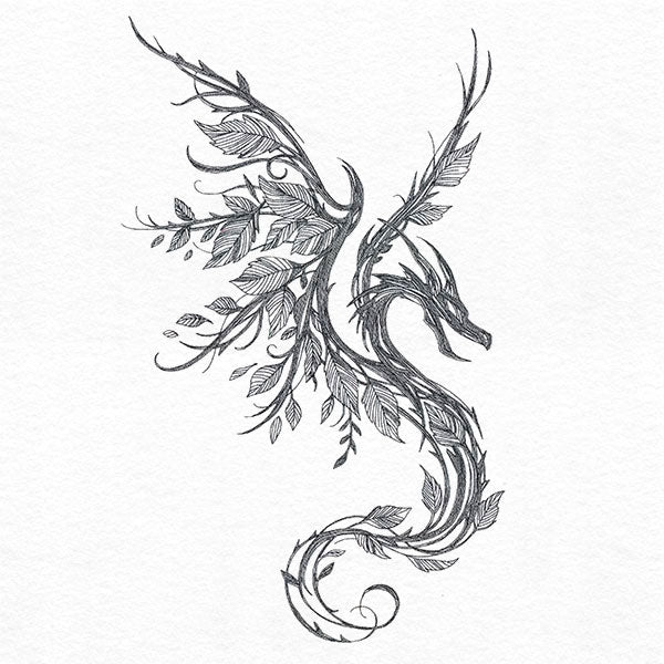 Elegant ink-style dragon in side profile with branching details, shown as a digitally downloadable machine embroidery design.