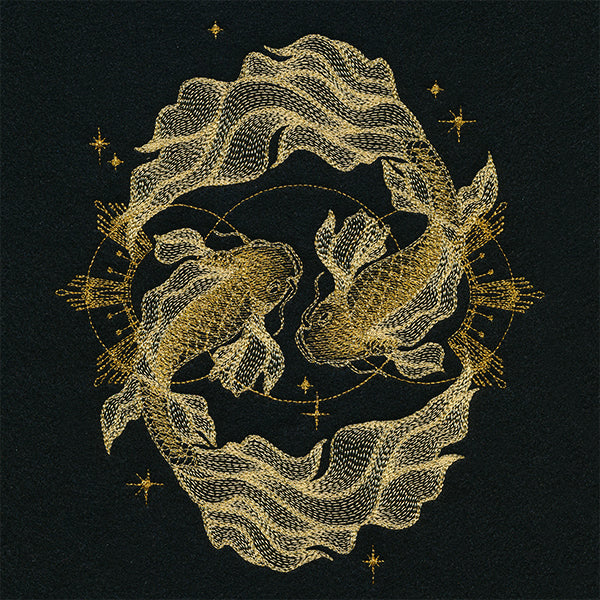 Two golden koi form a circle, surrounded by small stars, on a black background—a digitally downloadable embroidery design.