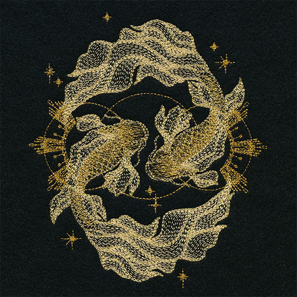 Two golden koi fish are embroidered in a circular pattern on a starry black background in this digital embroidery design.