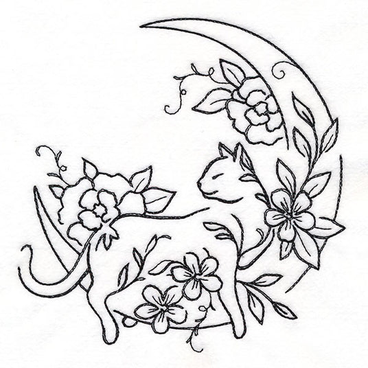 Machine embroidery design of a cat with flowers and a crescent moon on a white background