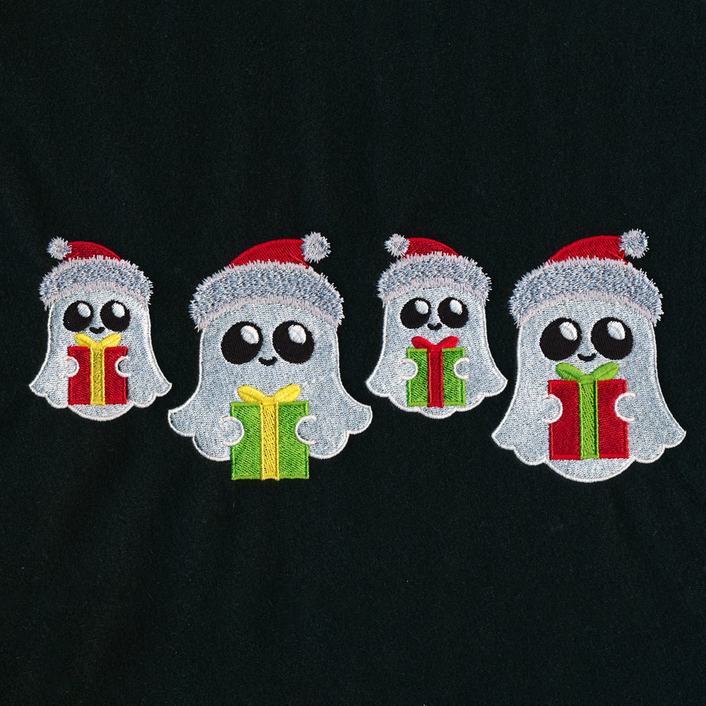 Four embroidered white cartoon ghosts wearing red and white Santa hats and holding differently wrapped Christmas presents on a black fabric background.
